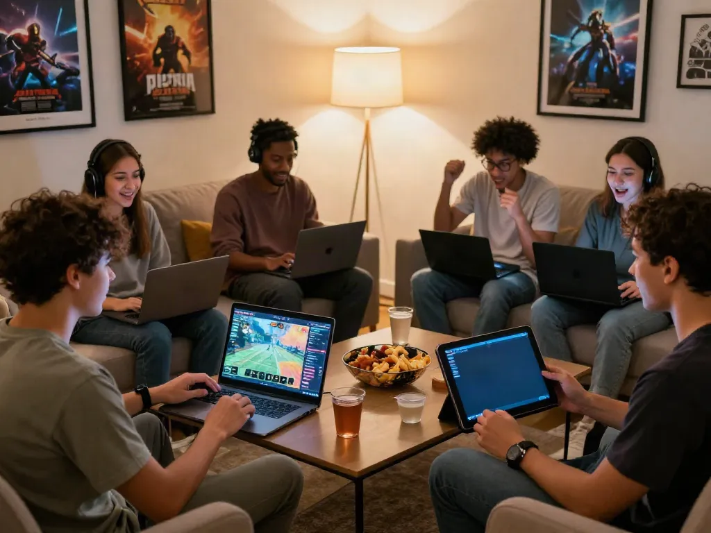 A80 gaming platform being enjoyed by friends in a cozy living room, showcasing vibrant game interfaces on various devices.