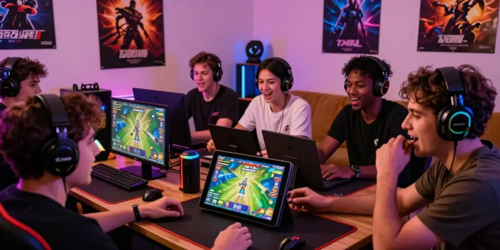 Exciting scene of friends enjoying 3 patti no1 online gaming, sharing snacks and laughter around a tablet.