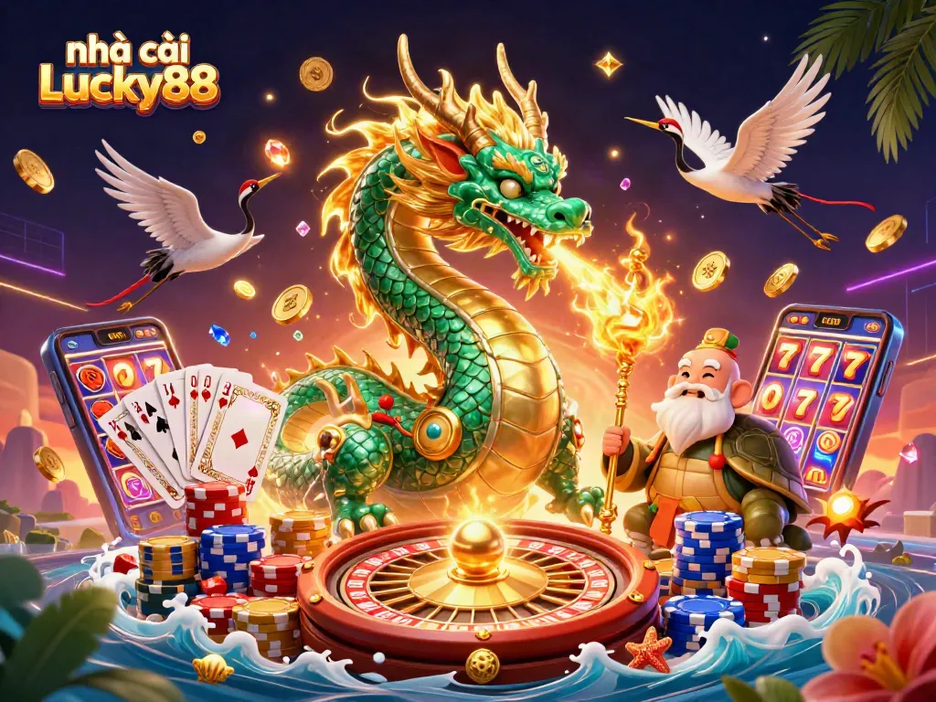 Engage with nhà cái Lucky88's vibrant 3D casino illustration, featuring lucky symbols and dramatic elements.