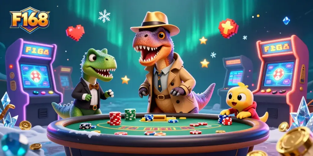 F168 showcases a thrilling blackjack game with a velociraptor card counter and a pit boss overseeing action.