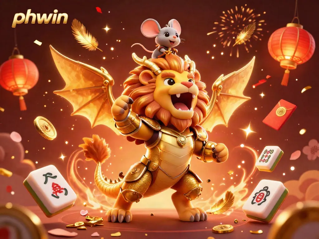 Experience thrilling gameplay at phwin with a golden chimera and festive casino elements in a vibrant scene.