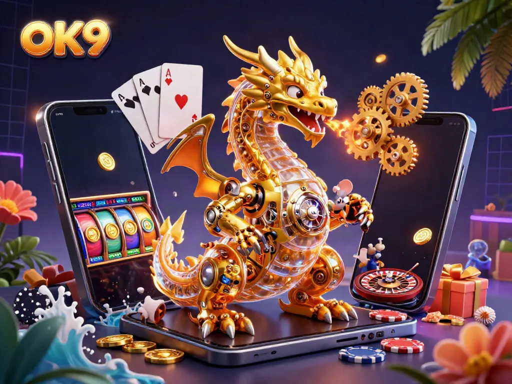 Experience thrilling gameplay with OK9's vibrant illustrations of a golden dragon amidst casino elements.