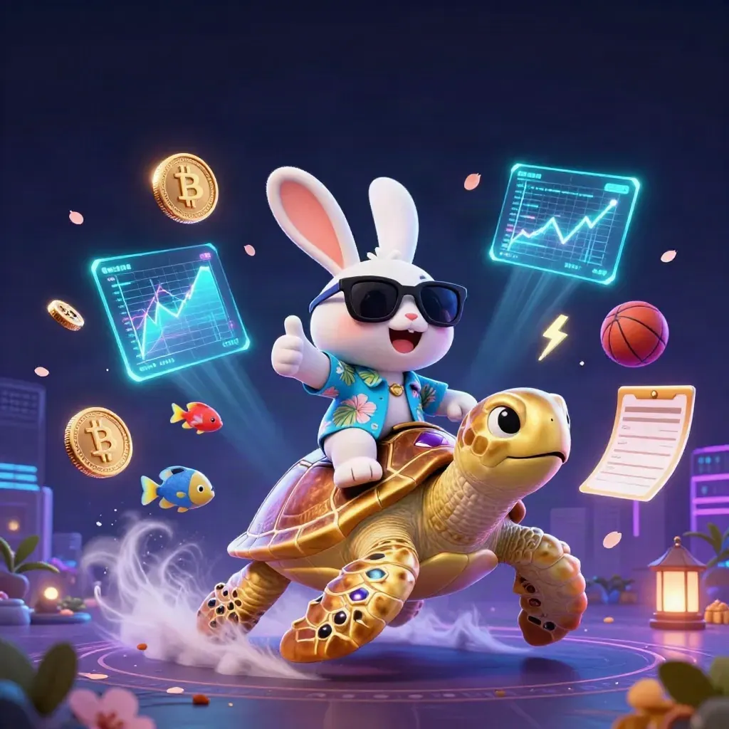 Cartoon rabbit rides a gold sea turtle amid neon coins, fish, lightning, and cyber casino effects.