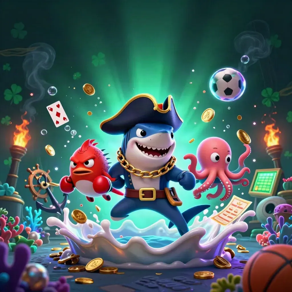 Pirate shark, boxing pufferfish, and juggling baby octopus amid gold coins in a neon treasure cove.