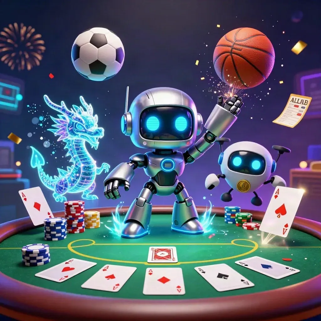 Cyberpunk robot, hologram dragon and drone amid flying balls, chips, confetti and neon light