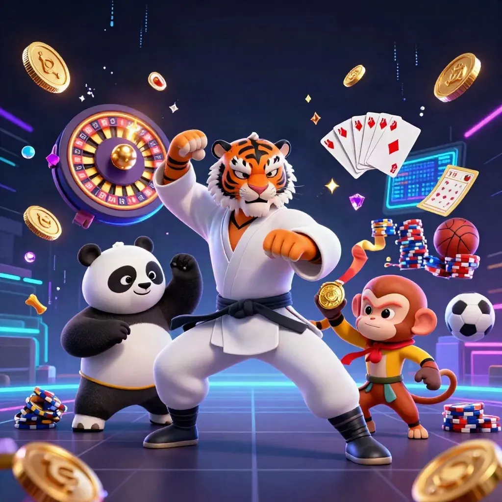 Neon casino key art with tiger, panda, monkey, coins, chips, ball, and betting props.