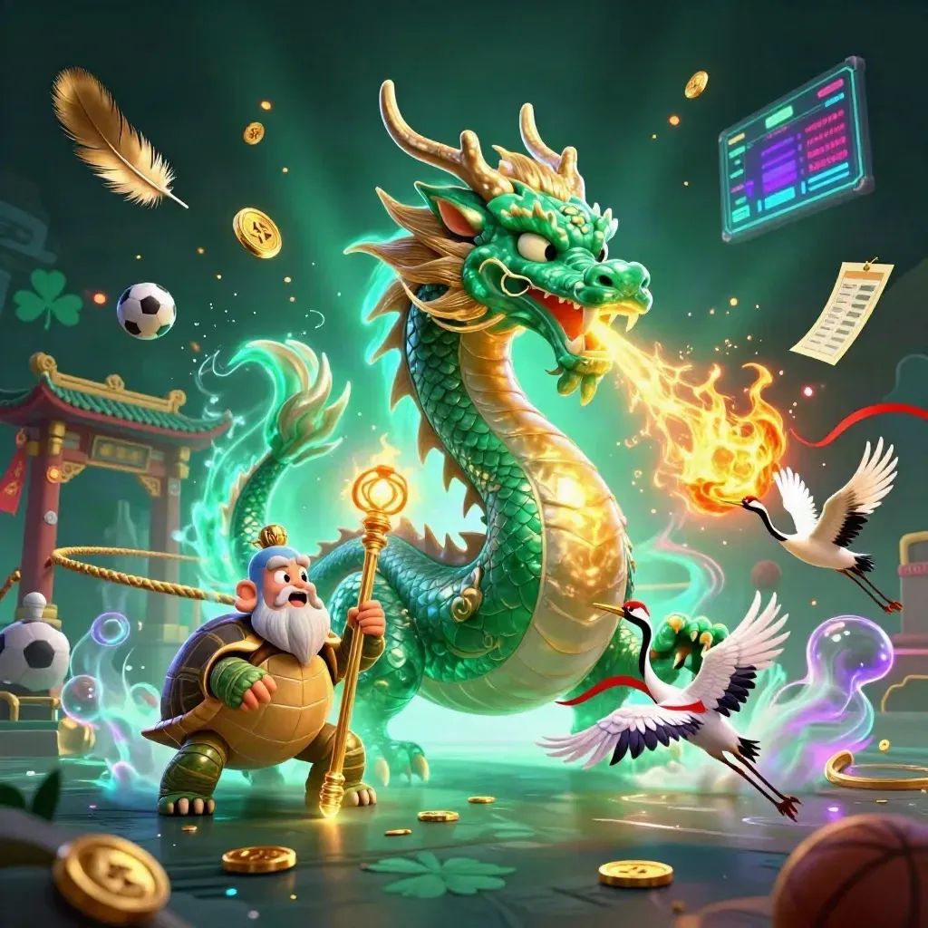 Emerald dragon, turtle sage and cranes amid glowing sports relics in a neon casino scene.