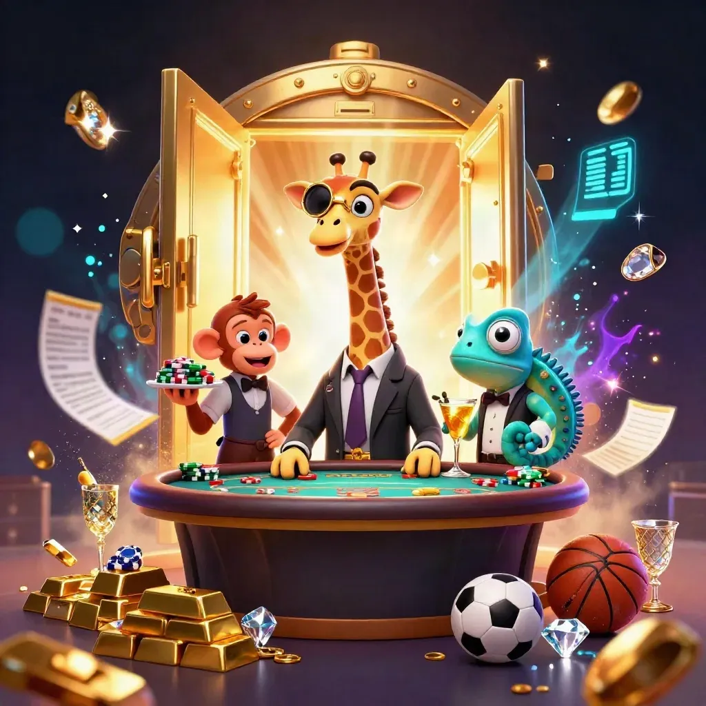 Low-angle casino key art with giraffe, monkey valet, chameleon bartender, gold vault burst, and floating casino items.
