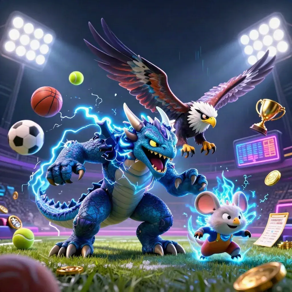 Thunder dragon, wind hawk and static mouse amid flying balls, coins and cyan-purple casino lights