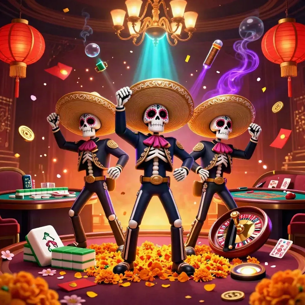 Day-of-the-Dead skeleton mariachi trio in a neon casino with glowing game props