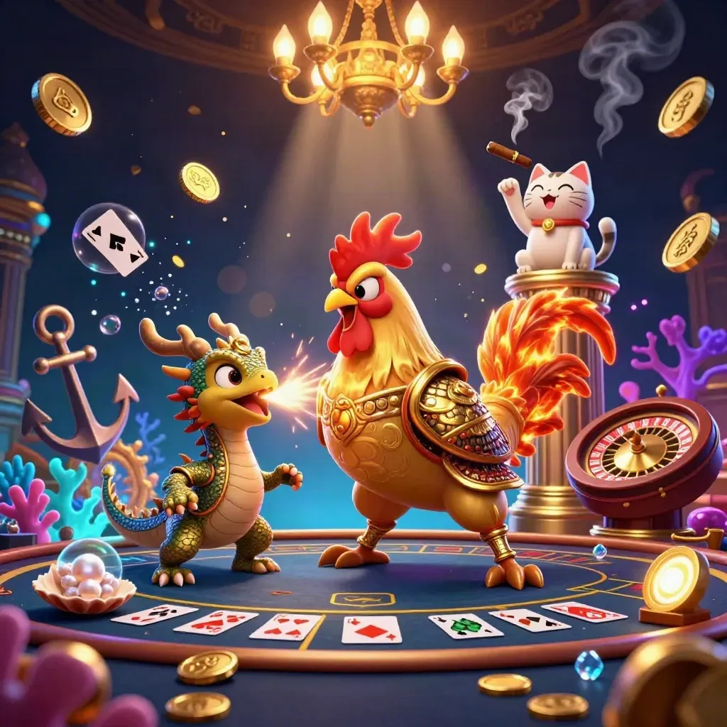 Rooster warrior, dragon hatchling, and fortune-cat amid casino treasure, sparks, coins, and blue glow