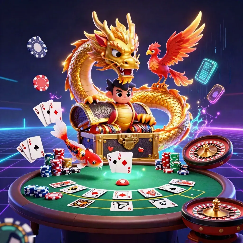 Dragon and phoenix over a luxe casino table with chips, cards, neon and gold light.