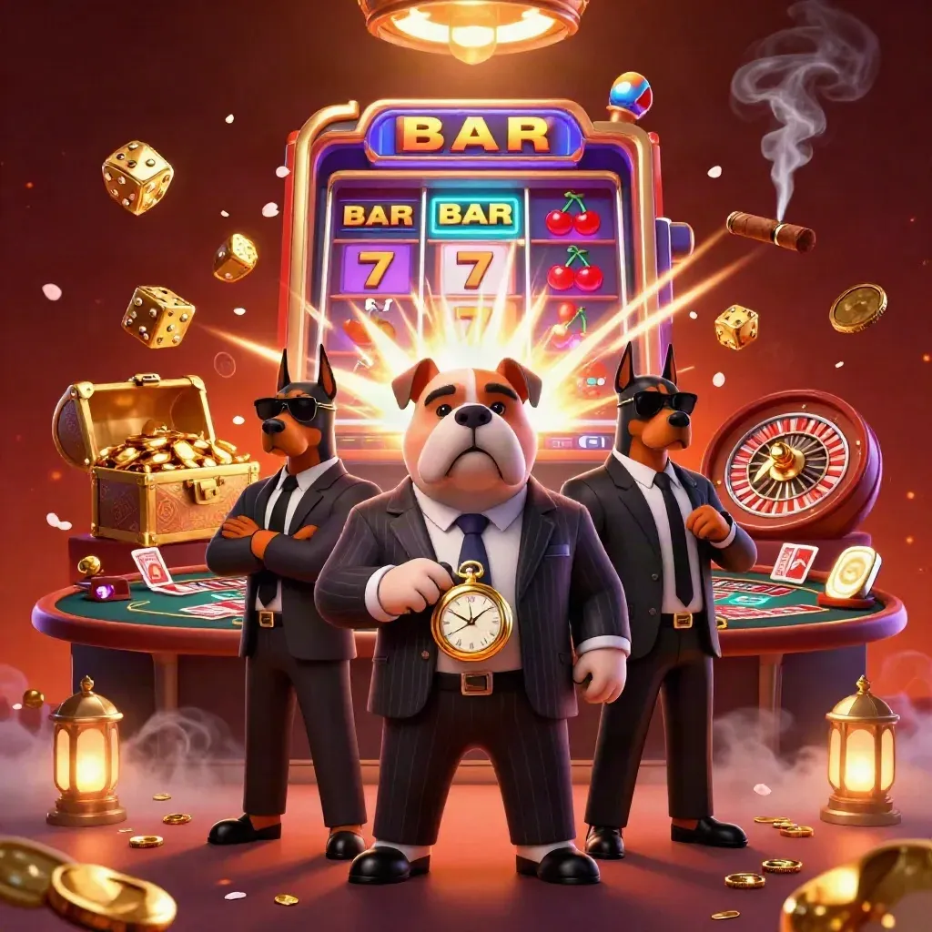 Bulldog boss and Dobermans in a lavish casino scene with slot, dice, gold, and glowing lights.