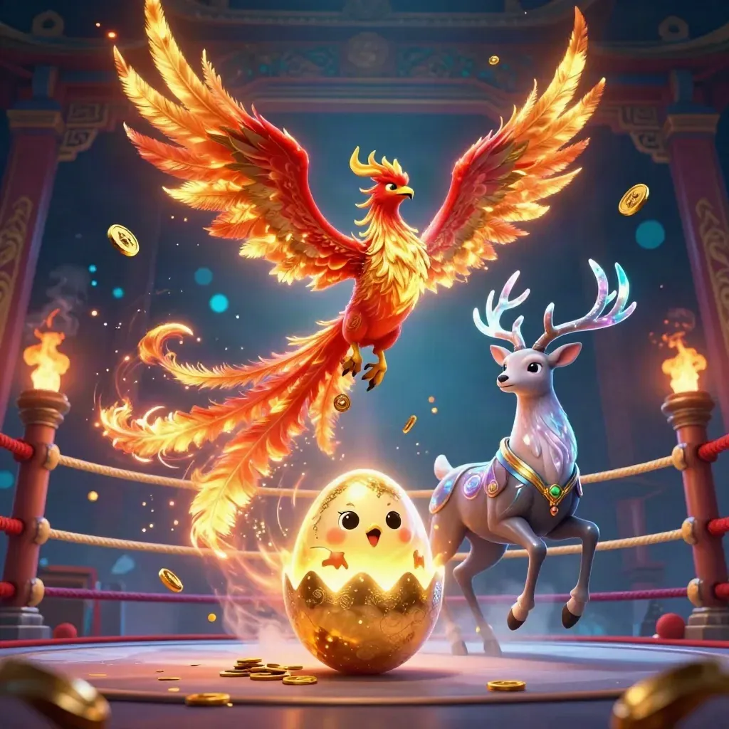 Phoenix, hatching chick, and crystal-antler stag amid cyan casino magic and treasure sparks