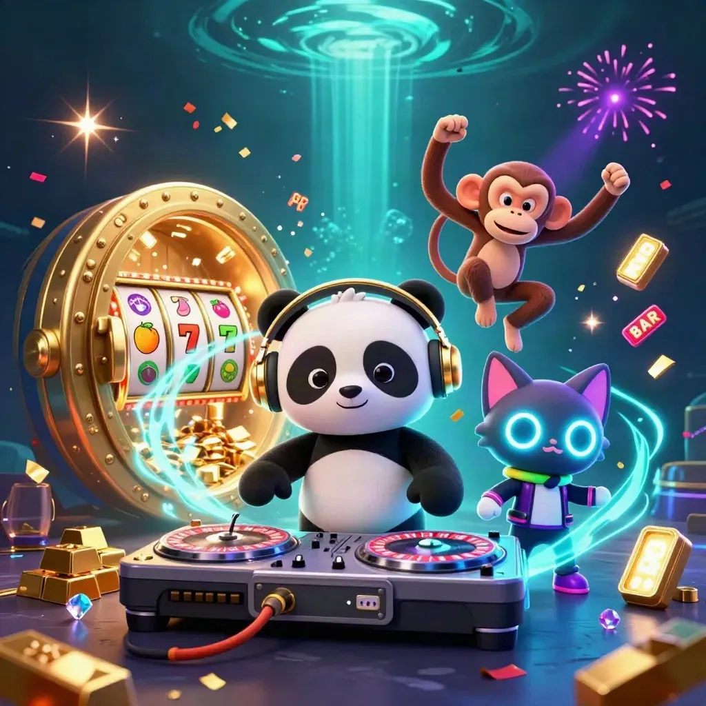 DJ panda, dancing monkey, and glow-stick kitten amid treasure, gems, and cyan casino magic