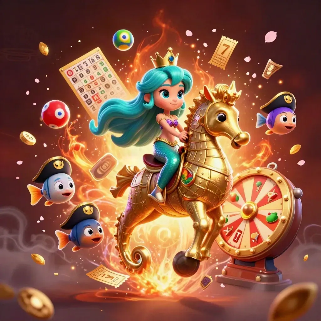 Mermaid princess rides armored seahorse amid glowing lottery balls, tickets and ember-lit treasure.