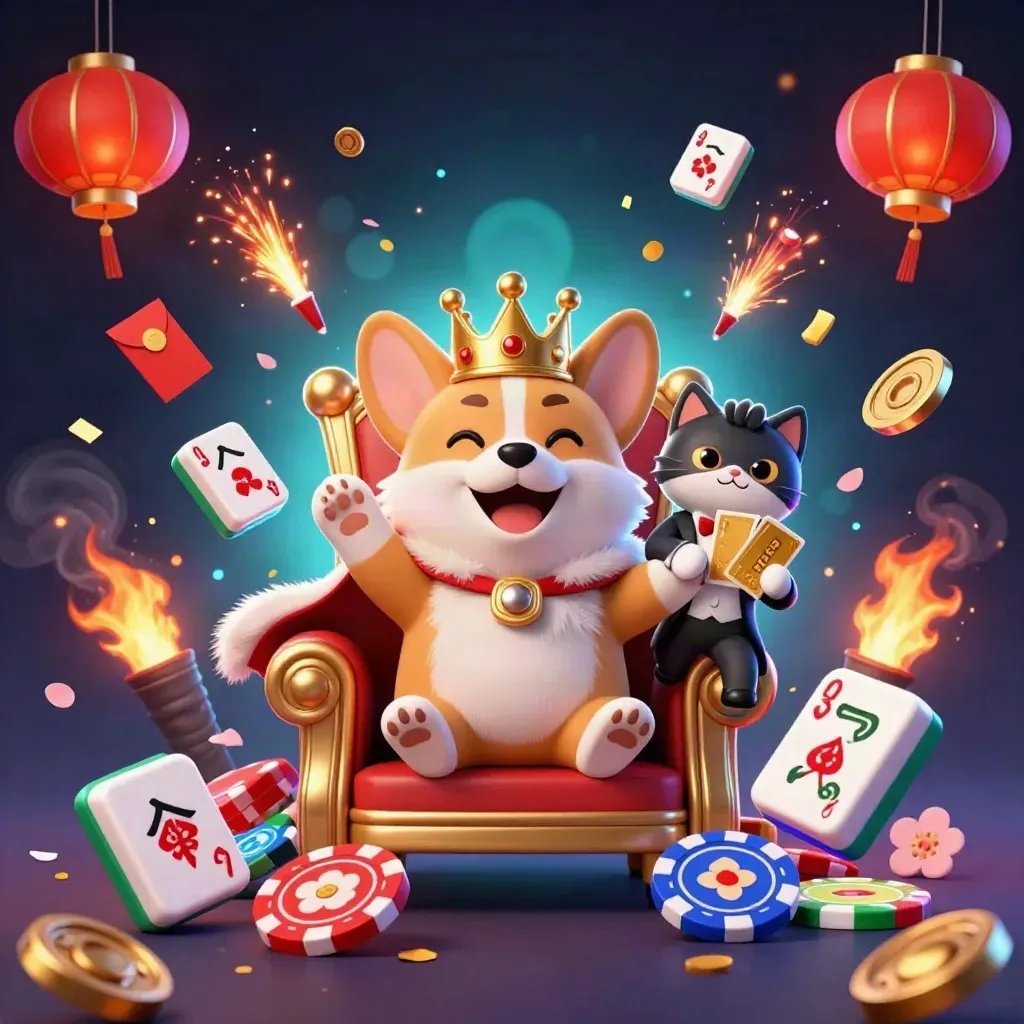 Royal corgi king and cat butler amid floating casino treasures and cyan magic.