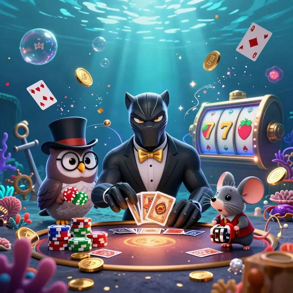 Panther dealer, owl and mouse in underwater treasure cove with cyan magic, coins, coral and cards