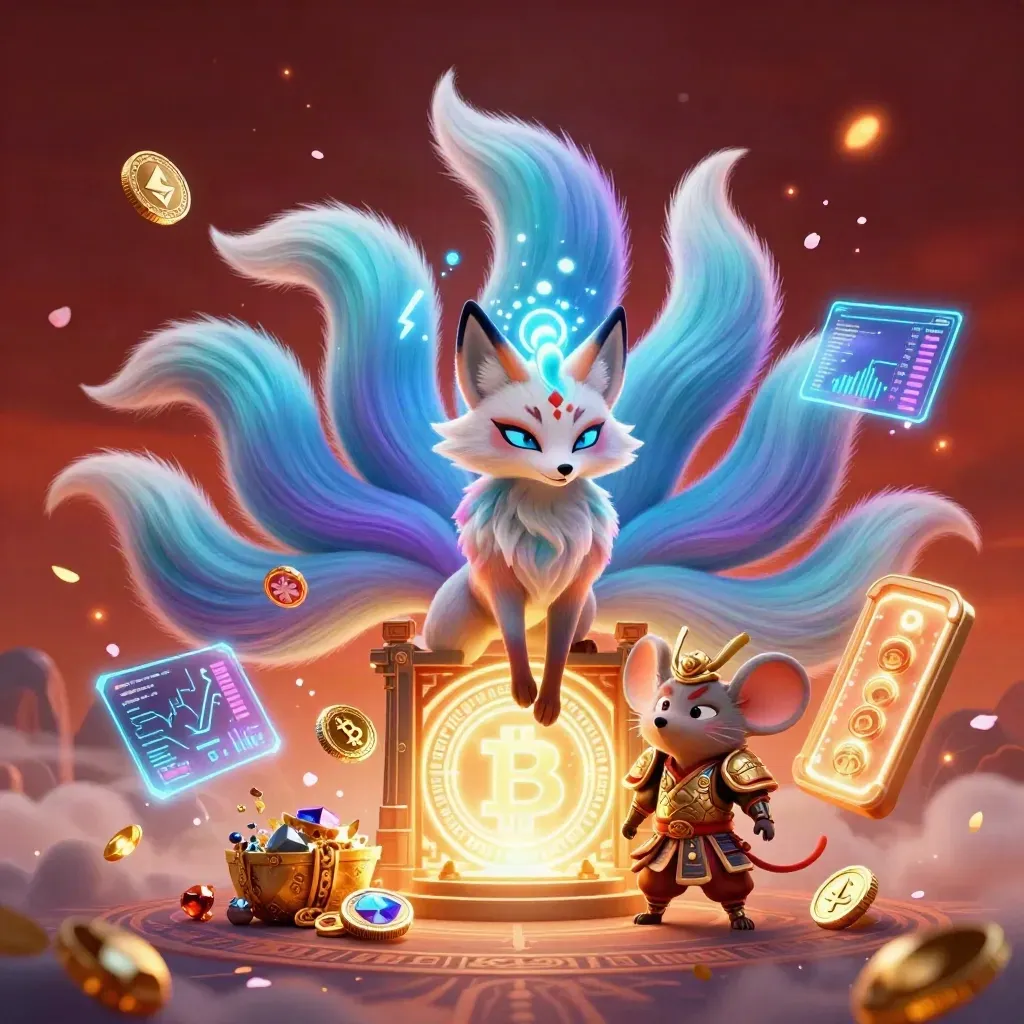 Nine-tailed fox spirit and armored mouse with crypto effects in fiery rune-gate key art.