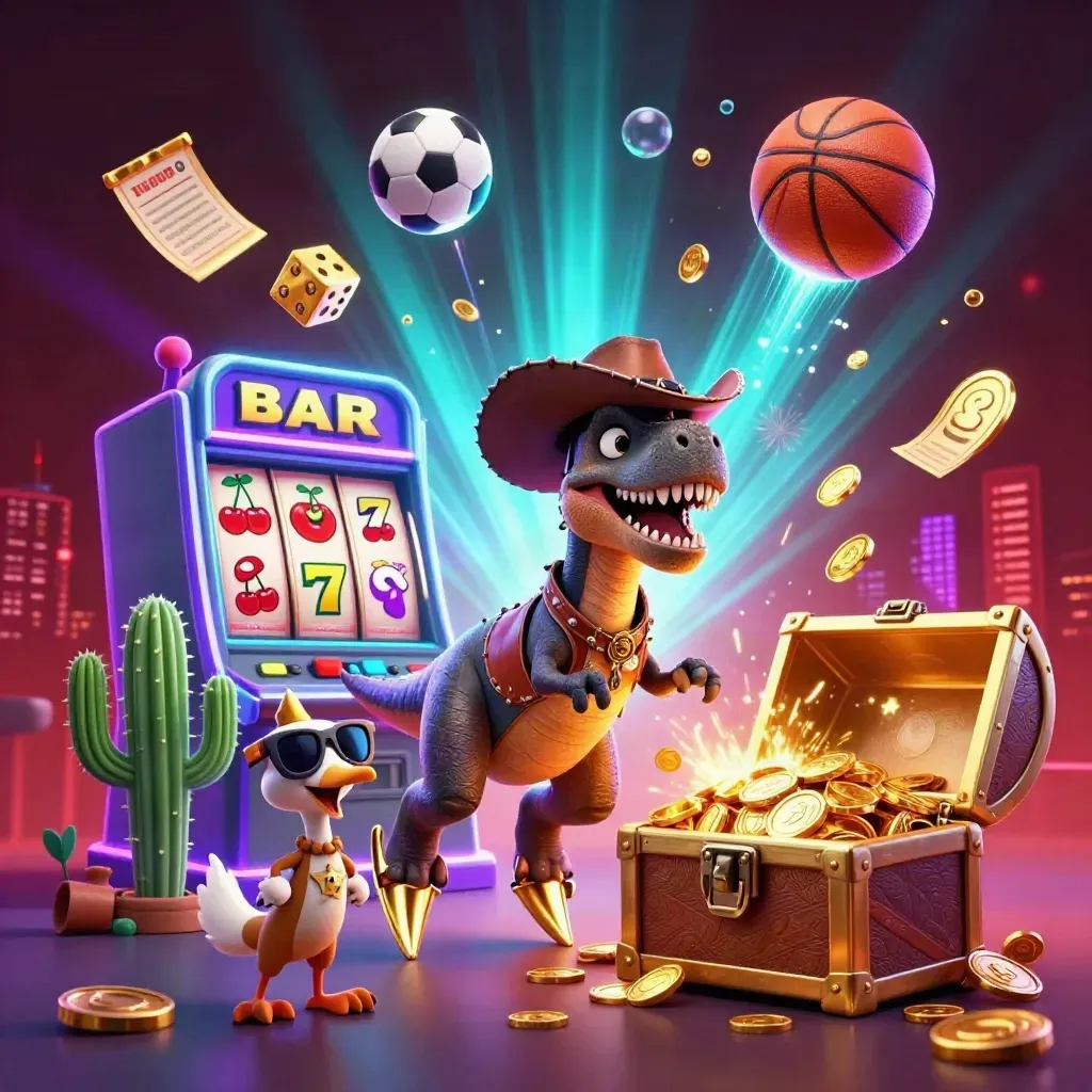 Cowboy T-Rex, cactus, roadrunner, coins, slot machine, fireworks, neon casino burst
