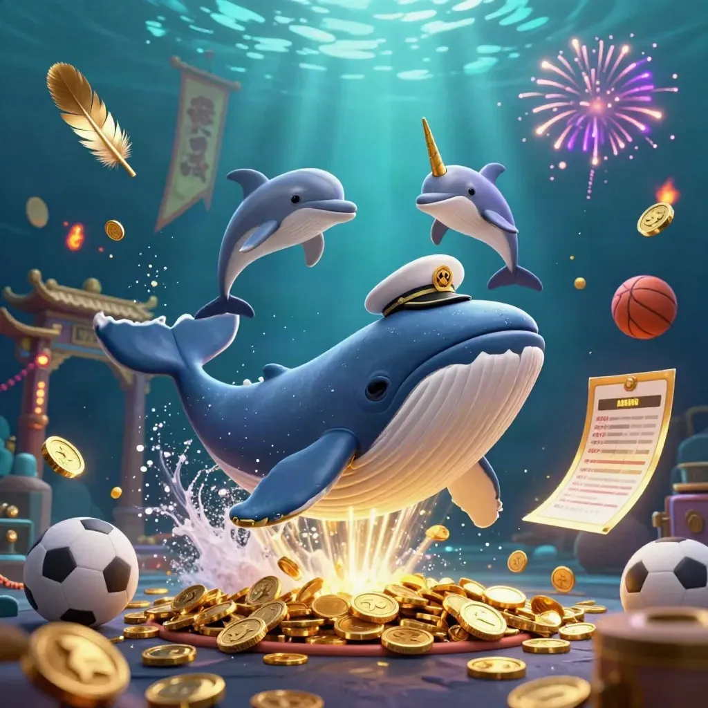 Whale captain, narwhal, and dolphins burst through gold coins with temple, ring, and fireworks.