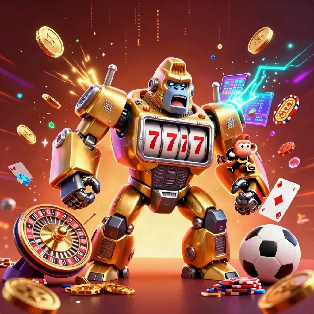 Golden gorilla mech with monkey pilot amid coins, chips, cards, roulette and neon energy