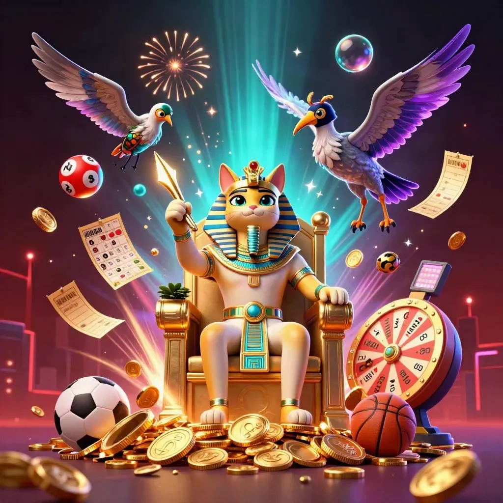 Pharaoh cat on a gold throne amid coins, tickets, scarabs and casino props in neon cyber light