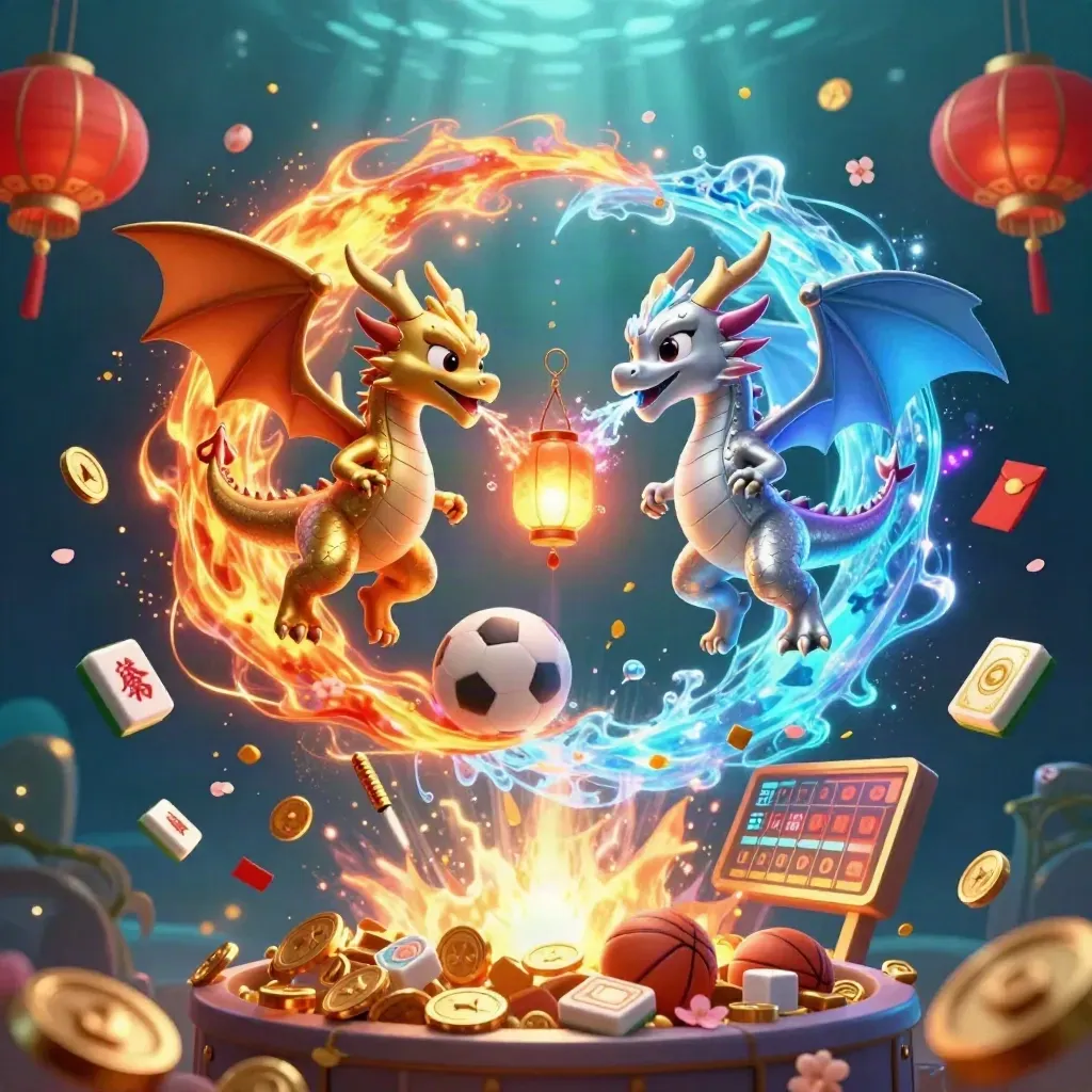Twin gold and silver dragons spiral with treasure, coins, lanterns, and casino props in neon light.
