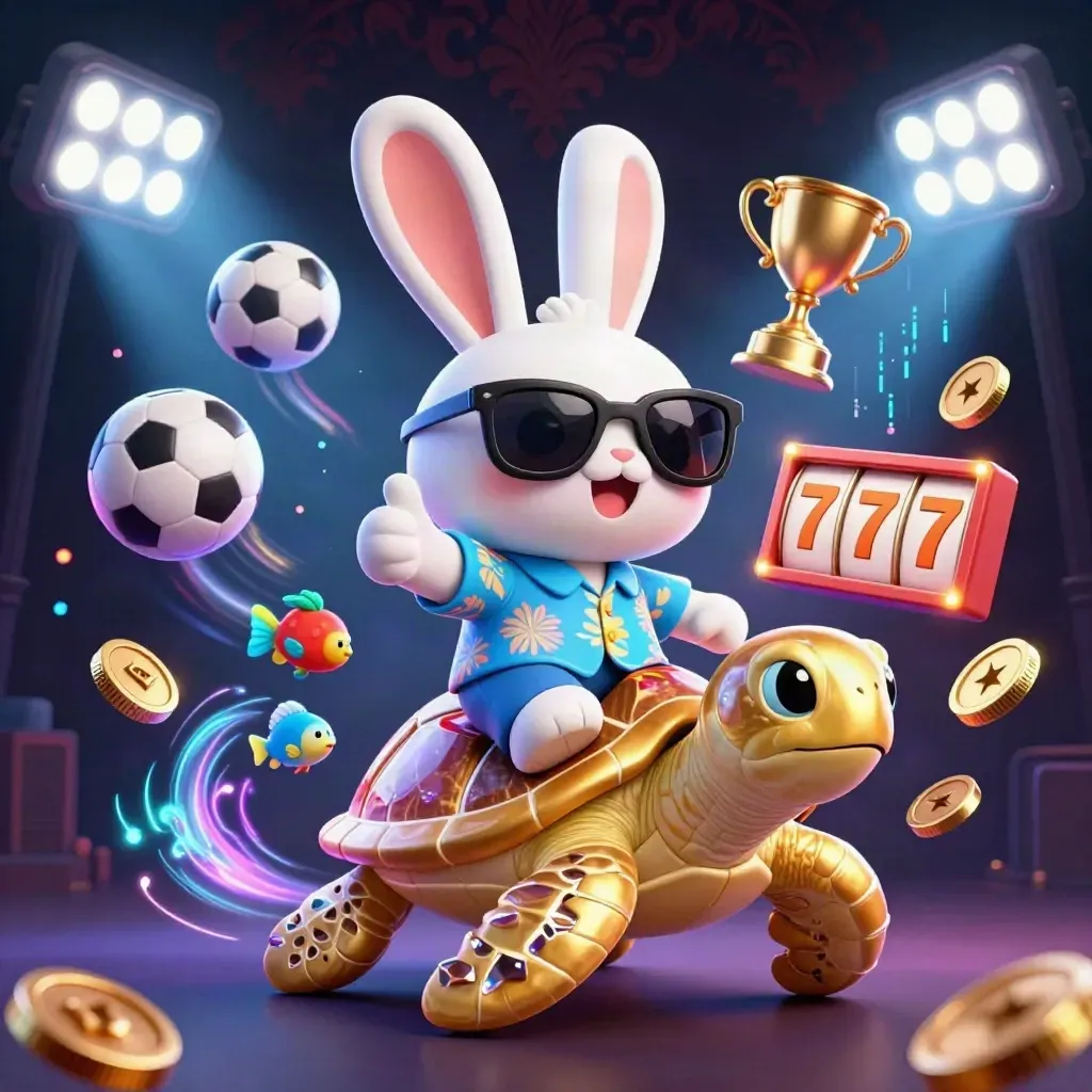 Cartoon rabbit rides a jeweled turtle amid casino icons and neon energy in a dark cyber arena.