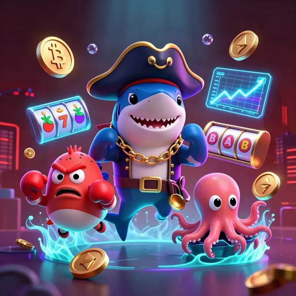 Shark pirate, boxing pufferfish, and juggling octopus amid neon crypto coins and cyber glow.