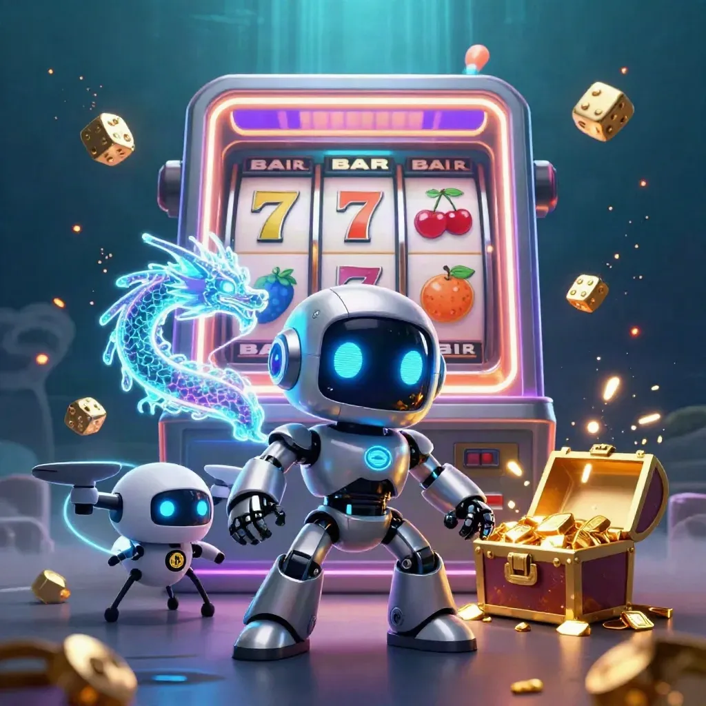 Cyberpunk robot, holographic dragon, and coin drone amid a bursting slot machine and treasure glow.