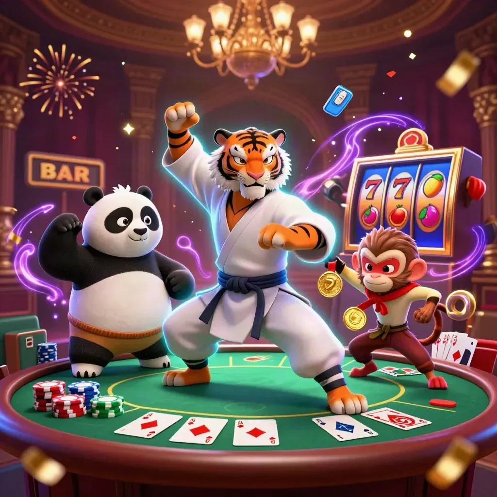 Tiger, panda, and monkey in a neon casino kung-fu tableau with cards, chips, reels, and sparks.
