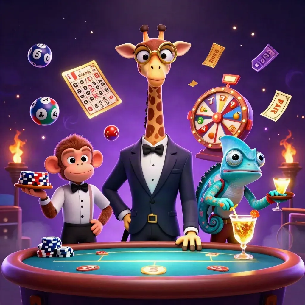 Giraffe high roller, monkey valet, chameleon bartender around a glowing poker table with neon casino effects