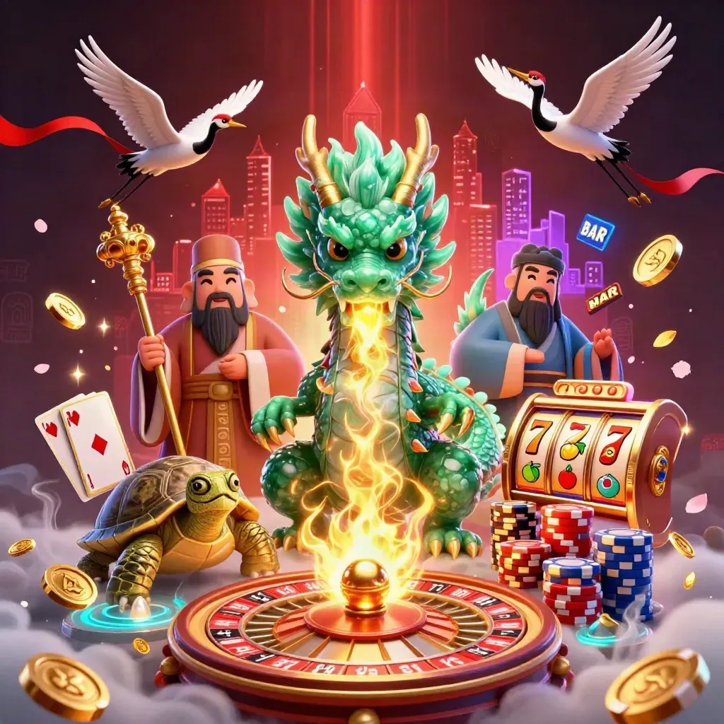 Jade dragon, turtle sage, and cranes amid casino loot, reels, roulette, coins, and red-black neon glow.