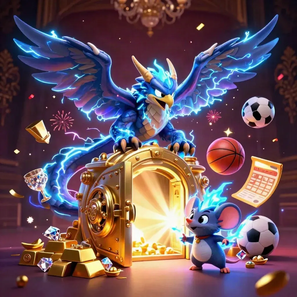 Thunder dragon, wind hawk, and thunder-mouse amid gold, sparks, and casino loot