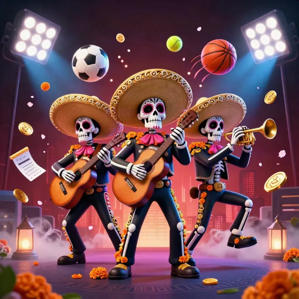 Skeleton mariachi trio with sports balls, trophy, coins, and neon casino lighting