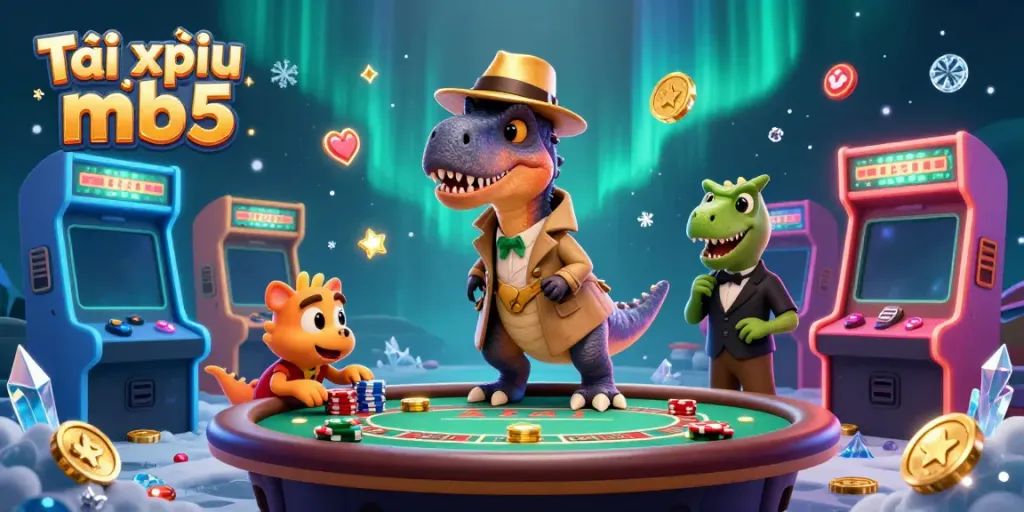 Tài xỉu mb5 game with inventively integrated dinosaurs at a blackjack table, capturing vibrant casino energy.
