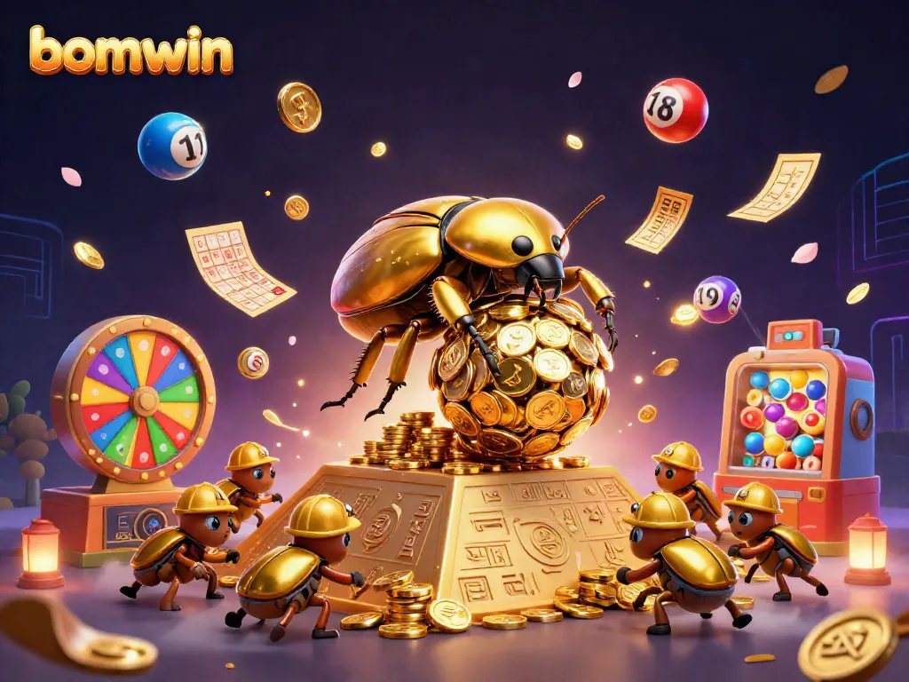 Experience exciting gameplay with bomwin's dynamic lottery and casino elements in a vibrant 3D scene.
