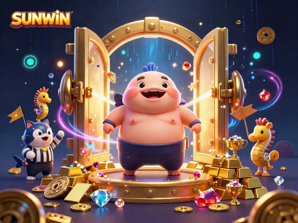 Experience the excitement at SUNWIN as a fugu in a sumo belt interacts with lively characters amidst treasure in a thrilling casino scene.