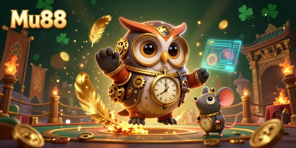 Experience thrilling gaming at Mu88 with a time-traveler owl and steampunk elements in an engaging casino scene.