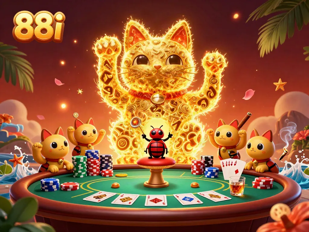 Engage in gaming excitement with 88i, featuring a lucky cat and vibrant casino elements.