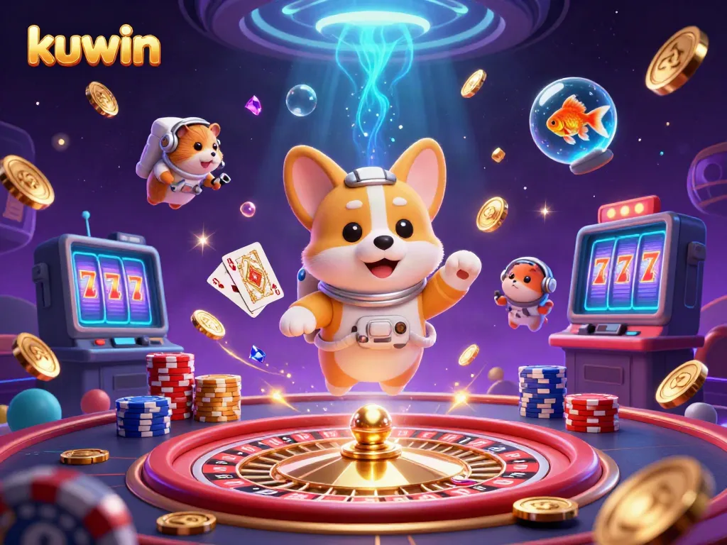Kuwin online casino scene showcasing the astronaut corgi immersed in vibrant gaming action amidst poker chips and cascading coins.