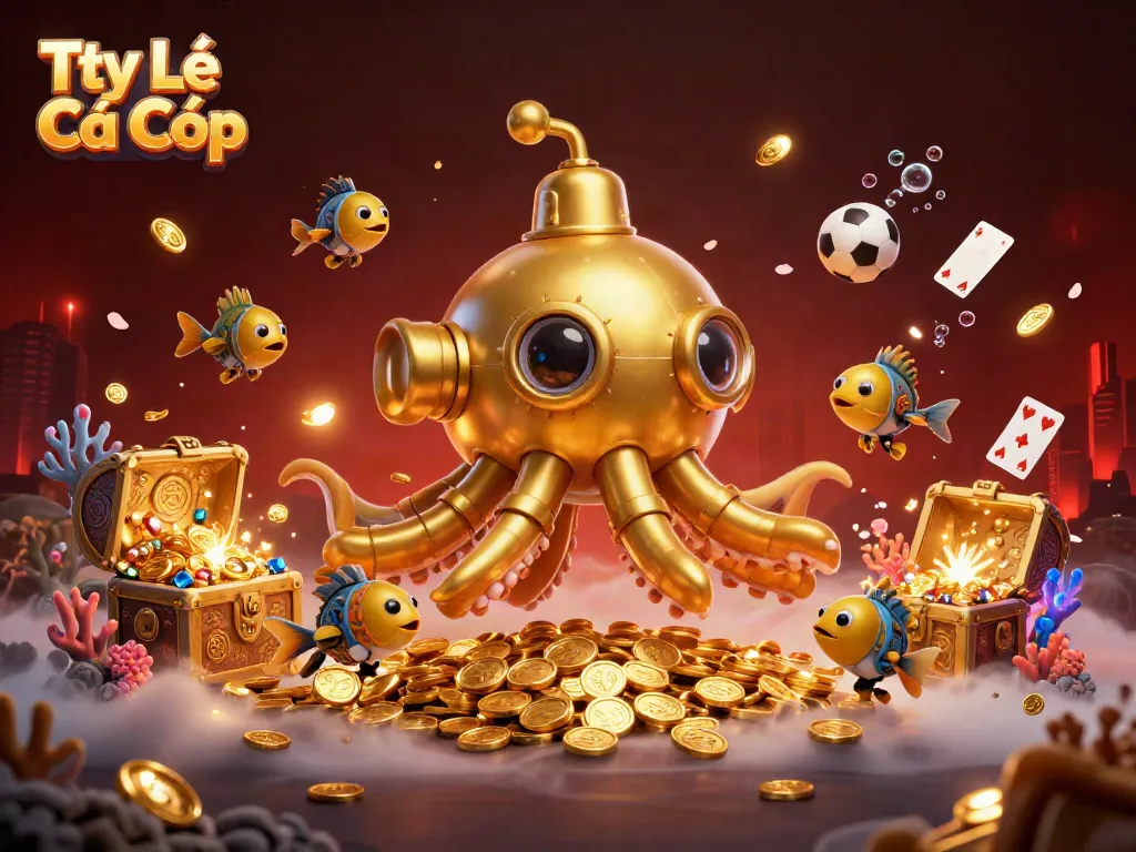 Engage in Tỷ Lệ Cá Cược betting visual with rich elements of golden kraken submarine, mechanical fish, and sports betting items.