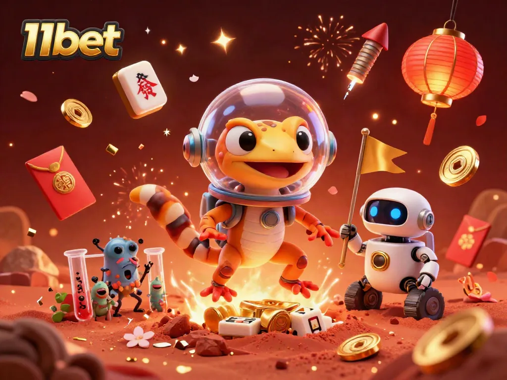 Experience thrilling gameplay with 11bet in a vibrant 3D casino scene featuring lively characters and gold elements.