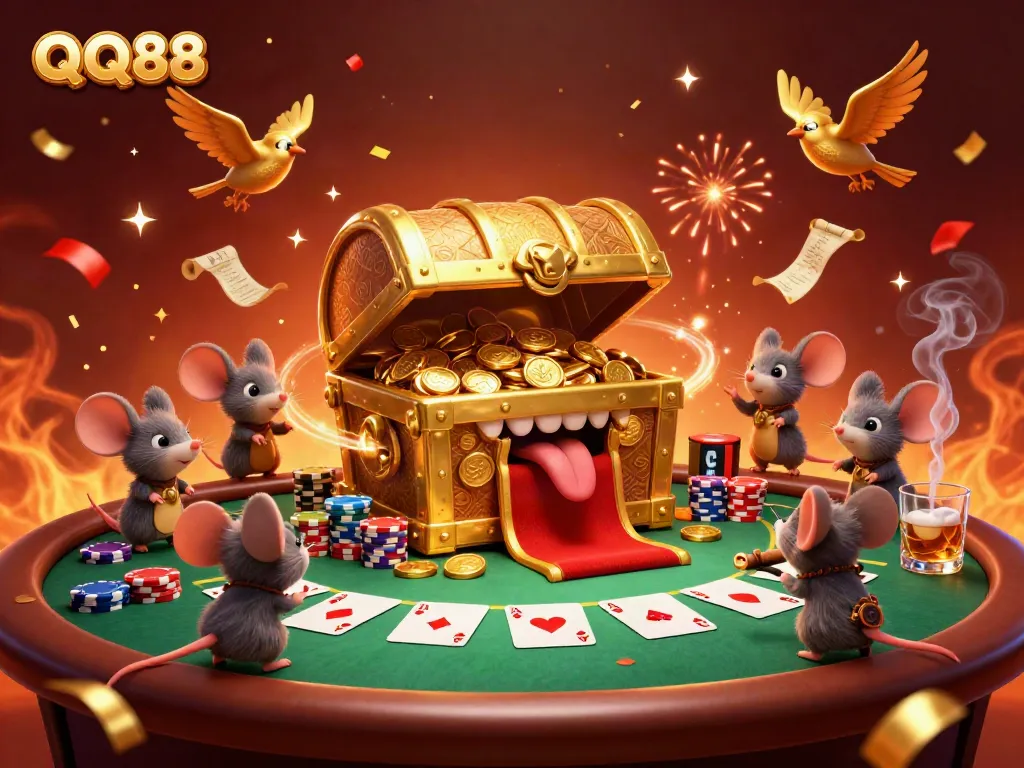 Experience the thrill of QQ88's dynamic playing scene filled with gold, treasure, and excitement.