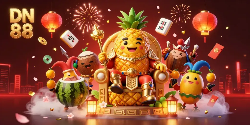 Win exciting rewards in DN 88 with a vibrant 3D casino scene showcasing a golden king and joyful elements.