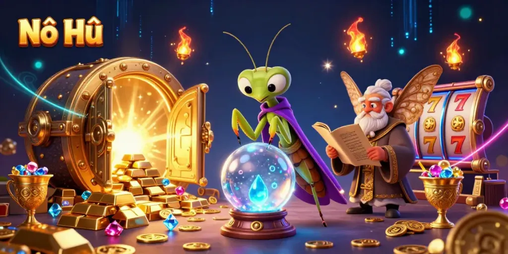 Nổ Hũ showcases fortune teller and librarian in a vibrant casino scene filled with treasure and slot elements.