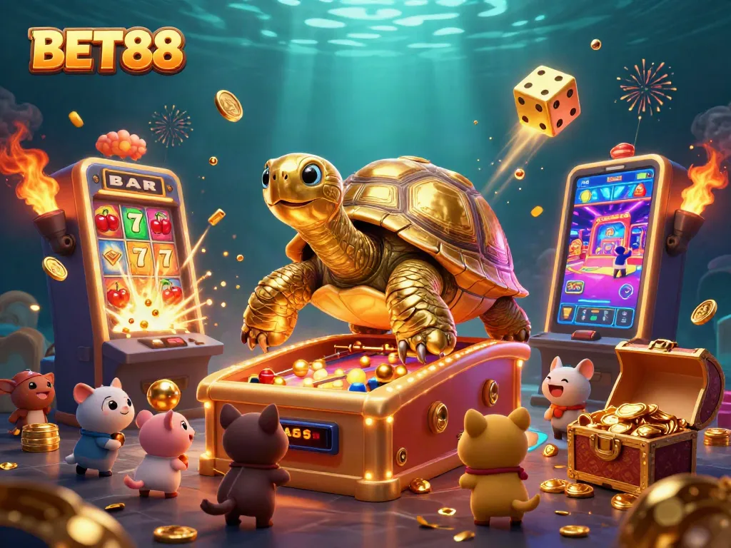 Trải nghiệm BET88 với rùa vàng khổng lồ và máy xúc jackpot, sẵn sàng chơi game trực tuyến.
