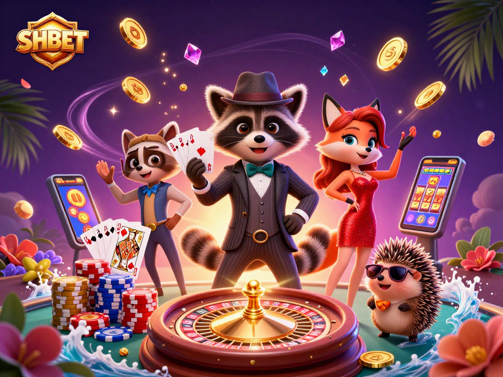 Experience SHBET's exciting games with a dynamic scene of animated characters and casino elements