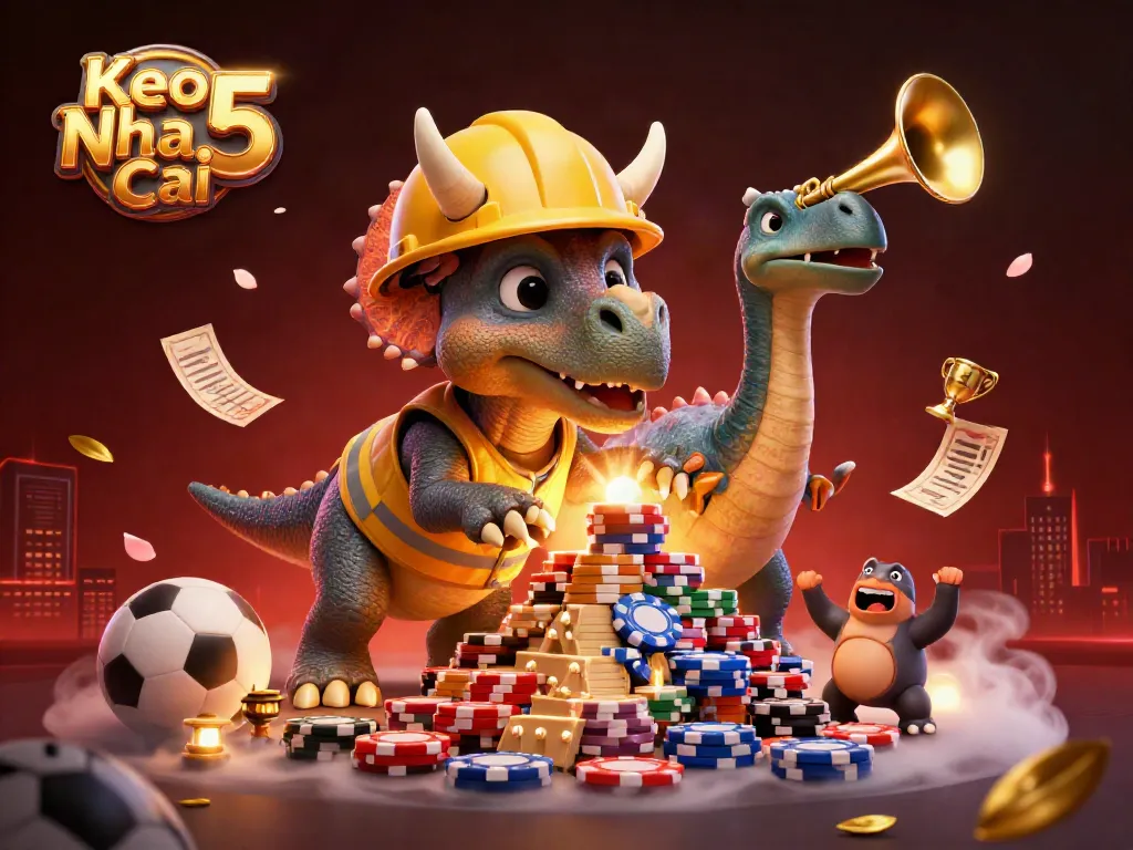 Engaging scene of Keo Nha Cai 5 with vibrant characters celebrating while showcasing sports betting elements like trophies and balls.